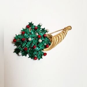 Vintage Christmas Holiday Signed MYLU Cornucopia Brooch